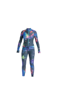 Multicolor galaxy print snowboard woman's one piece thermal base layer.