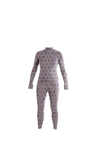 Multicolor camp print snowboard woman's one piece thermal base layer.