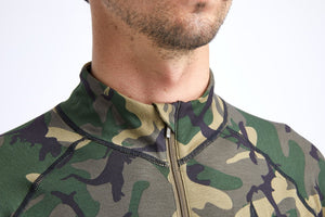 Camouflage snowboard men's hoodless one piece base layer.