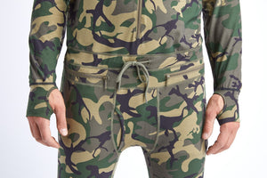 Camouflage snowboard men's hoodless one piece base layer.