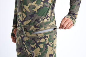 Camouflage snowboard men's hoodless one piece base layer.