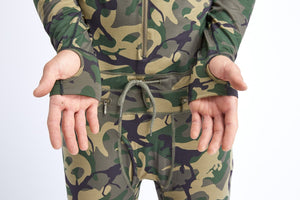 Camouflage snowboard men's hoodless one piece base layer.