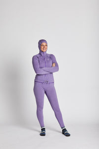 Purple snowboard women's merino wool one piece base layer.