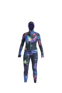 Multicolor space print snowboard women's thermal one piece base layer.
