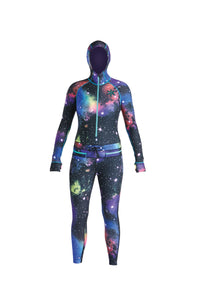 Multicolor space print snowboard women's thermal one piece base layer.