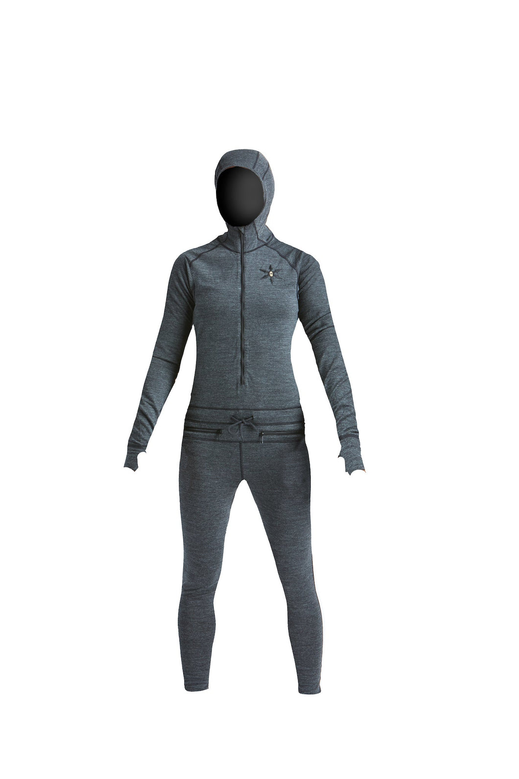 Black snowboard women's merino wool one piece base layer.