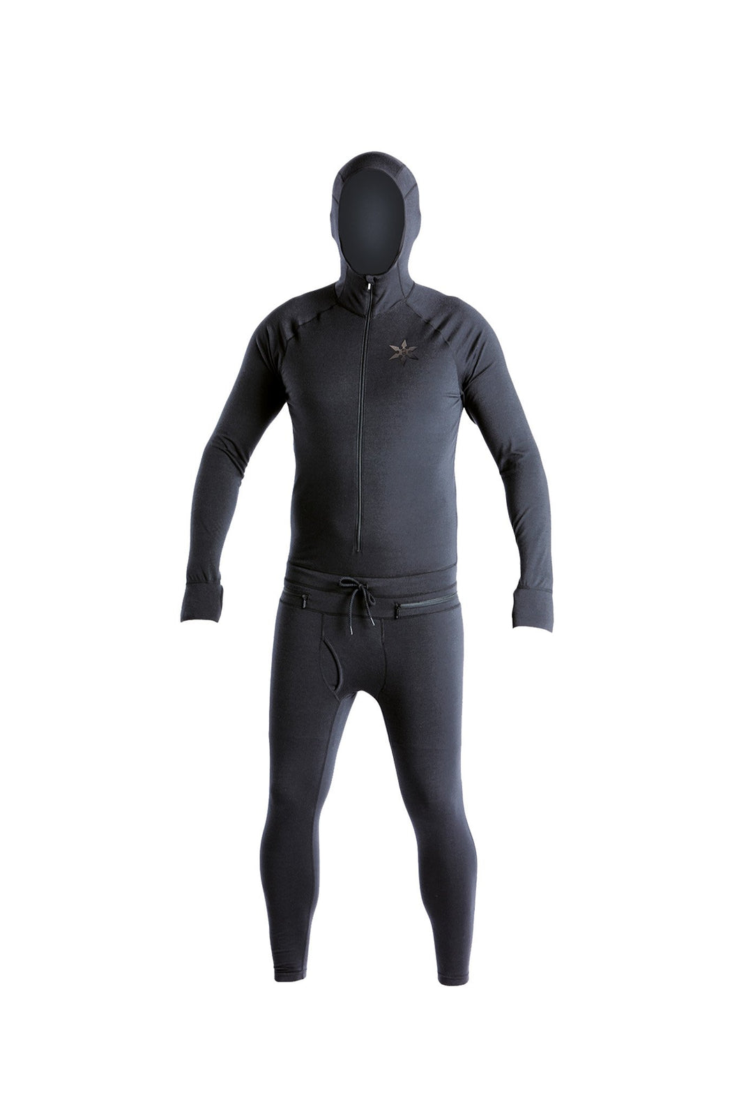 Black snowboard men's one piece thermal base layer.