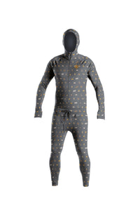 Multicolor camp print snowboard men's one piece thermal base layer.