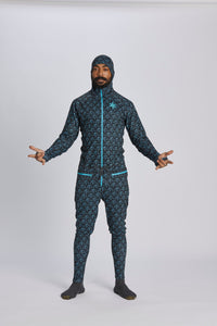 Black and blue Terry print snowboard men's one piece thermal base layer.