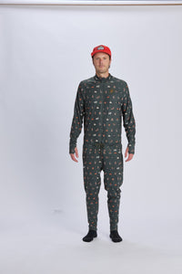 Multicolor print snowboard men's hoodless one piece base layer.