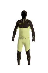 Neon green snowboard men's one piece thermal base layer.