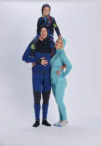 Blue snowboard men's one piece thermal base layer.