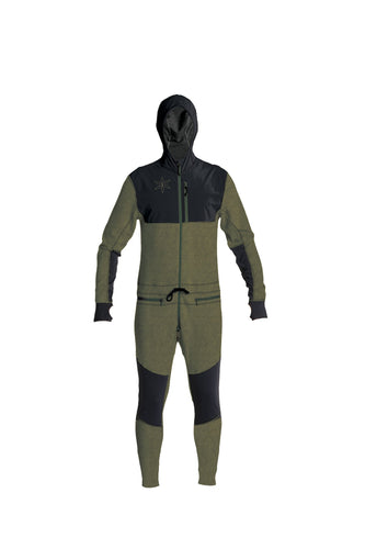 Black and green snowboard men's one piece thermal base layer.