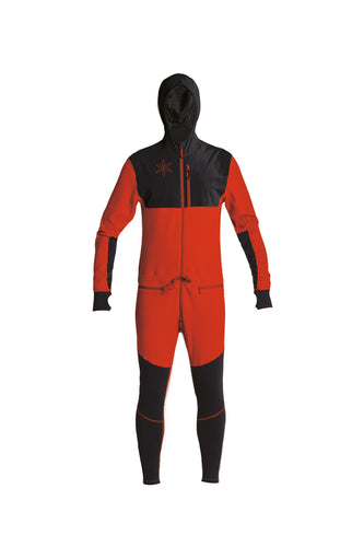 Red snowboard men's one piece thermal base layer.