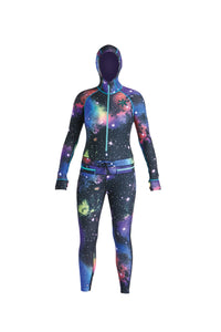 Galaxy print snowboard women's one piece thermal base layer.