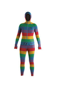 Multicolor stripe print snowboard women's thermal one piece base layer.
