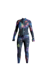 Galaxy print snowboard woman's one piece thermal base layer.