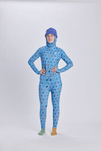 Multicolor camp print snowboard women's thermal one piece base layer.
