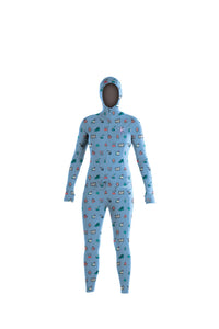 Multicolor print snowboard women's thermal one piece base layer.