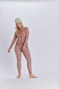 Multicolor floral print snowboard woman's hoodless one piece thermal base layer.