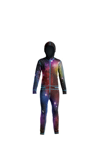 Multicolor galaxy print snowboard youth one piece thermal base layer.