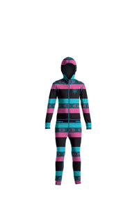Multicolor stripe print snowboard youth one piece thermal base layer.