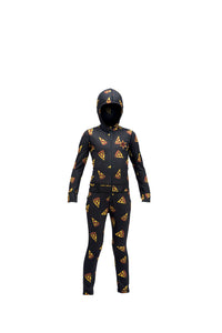 Multicolor pizza print snowboard youth one piece thermal base layer.